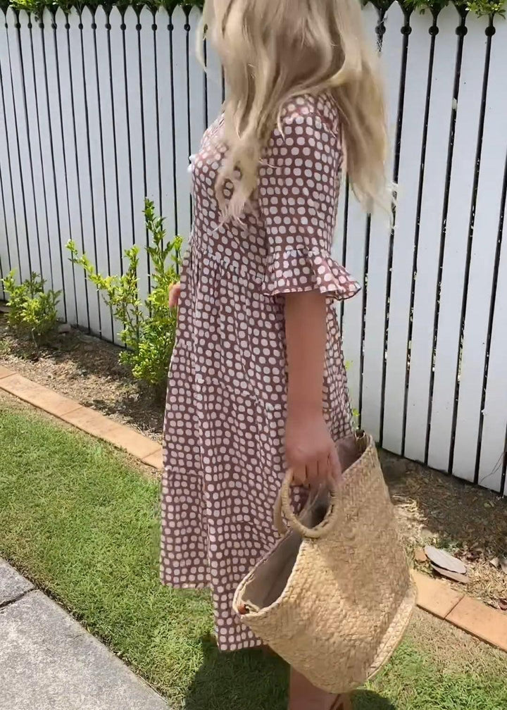 Rebecca - Robe Midi Chic Décontractée à Manches Volantes