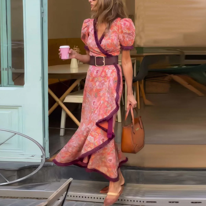 Robe Longue Élégante Rose à Manches Courtes
