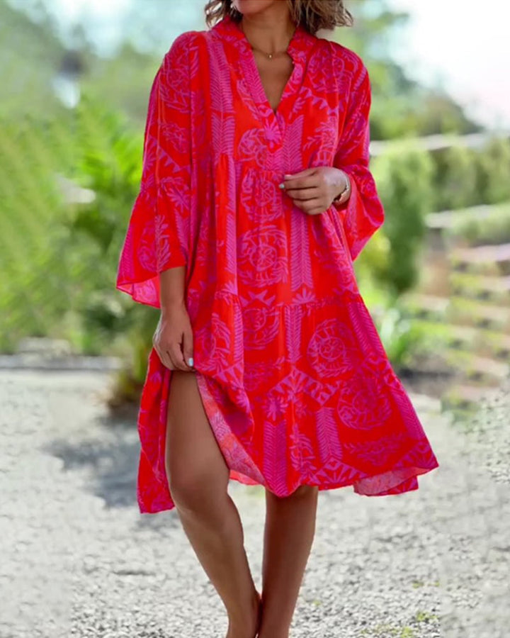 Skylar - Robe Chic à Col en V avec Manches 3/4 Évasées et Ourlet Volant