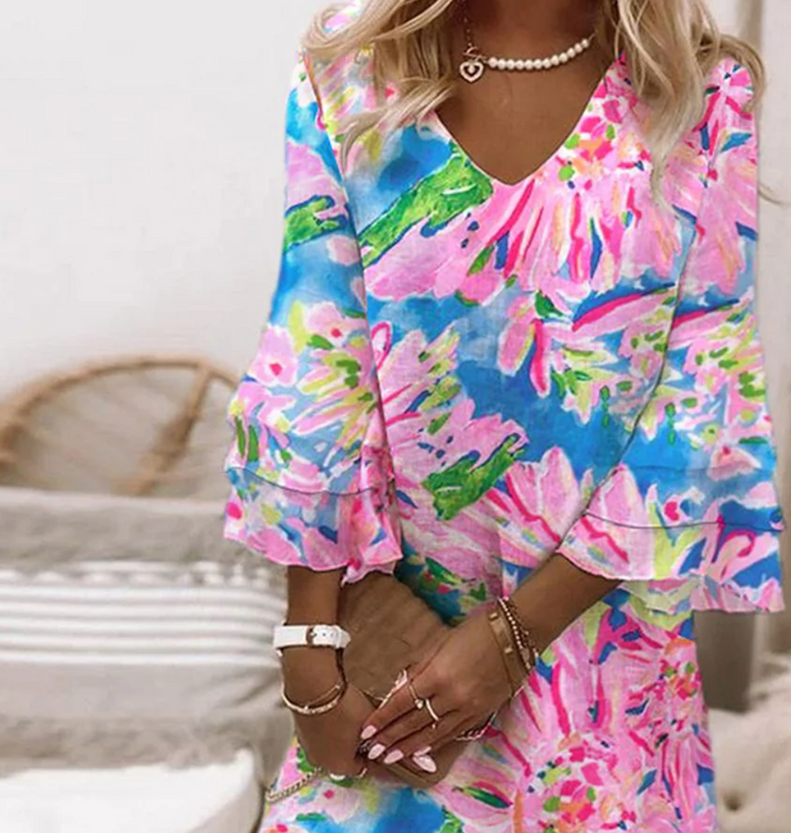 Sylvie - Robe Mini Rose pour Femme avec Manches Bouffantes