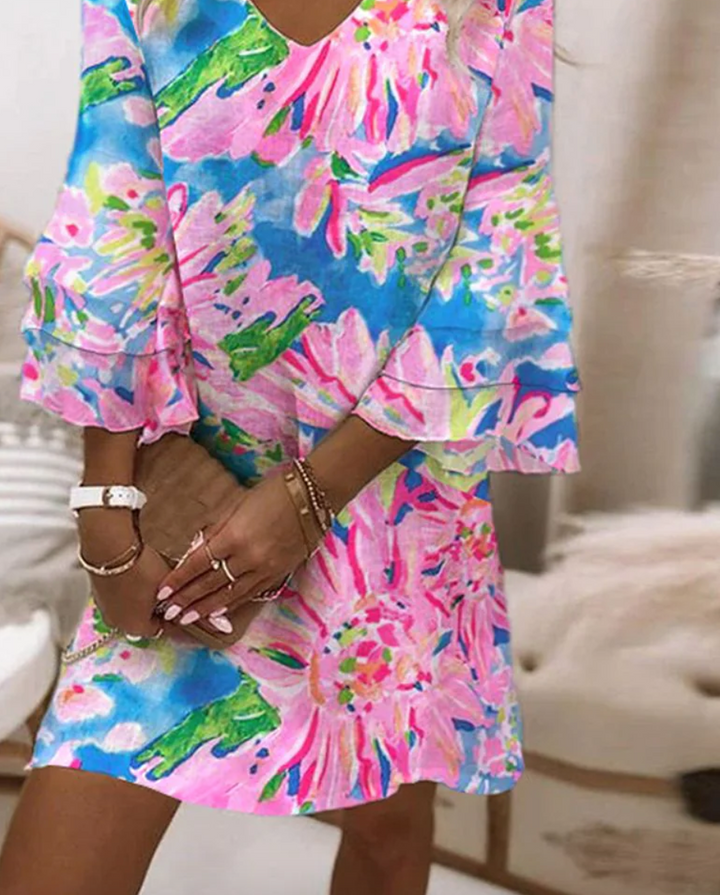 Sylvie - Robe Mini Rose pour Femme avec Manches Bouffantes