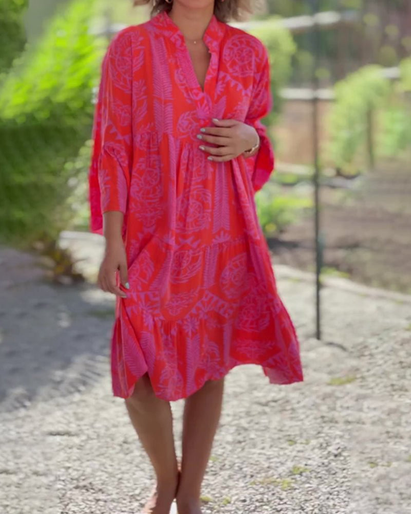 Skylar - Robe Chic à Col en V avec Manches 3/4 Évasées et Ourlet Volant
