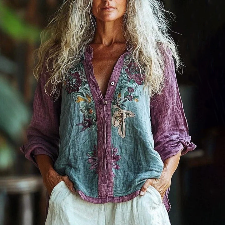 【Manches Longues】Blouse À Fleurs À Blocs De Couleurs