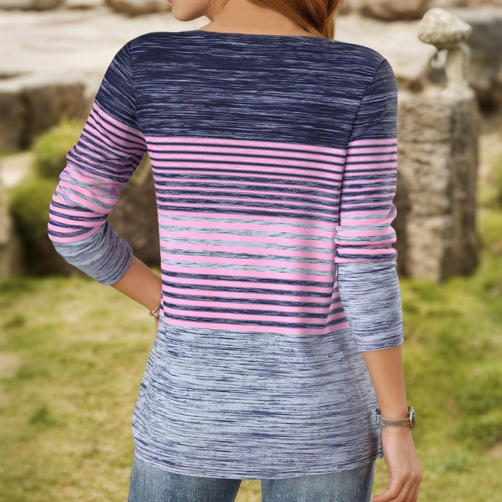 【Manches Longues】Blouse Rayée À Blocs De Couleurs