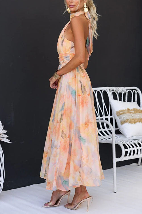 Robe Longue à Imprimé Aquarelle avec Col Halter, Dos Nu et Taille Cintrée