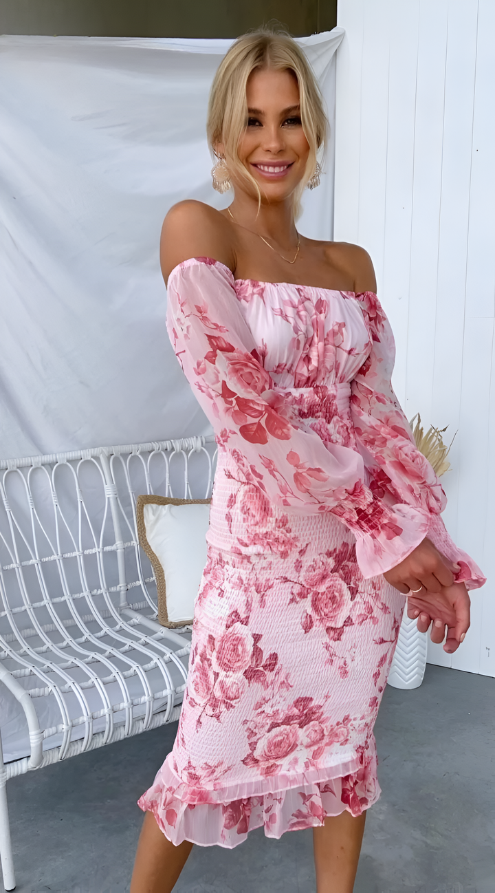 Nadia - Robe Midi à Épaules Dégagées avec Taille Smockée