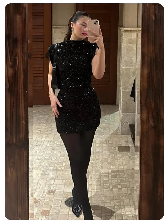 Ghislaine | Robe Mini en Sequins Noirs Étincelants