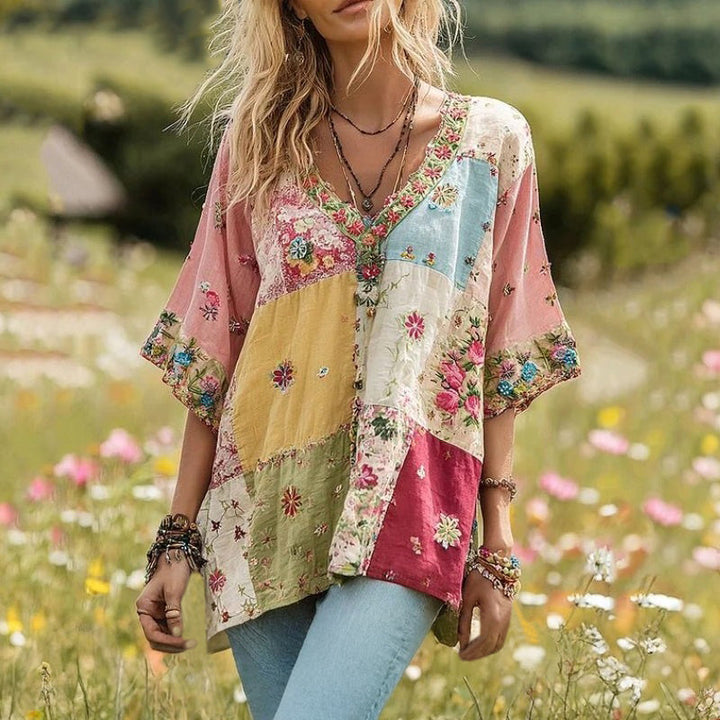 Blouse Fleurie À Blocs De Couleurs