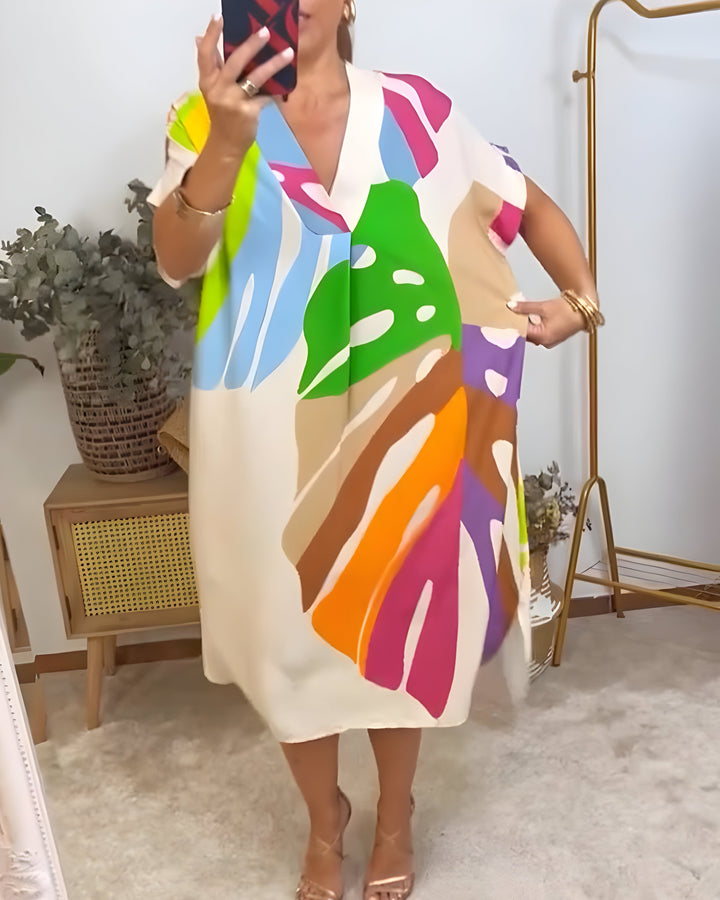 Nerissa™ - Robe Décontractée Imprimé Feuilles Colorées pour un Style Frais et Naturel