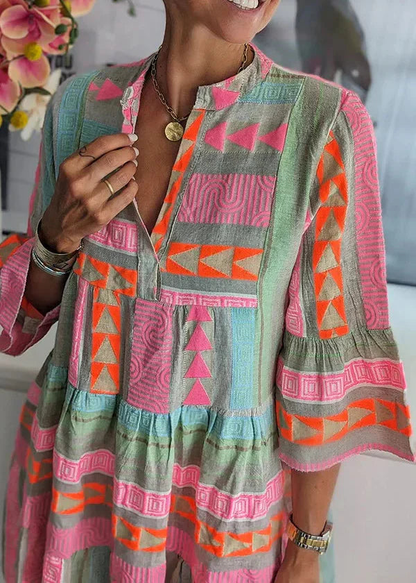 Ava - Robe d'été en coton et chanvre à col en V chic