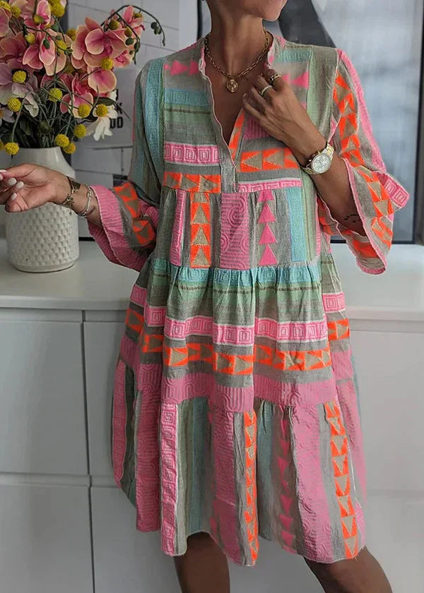 Ava - Robe d'été en coton et chanvre à col en V chic