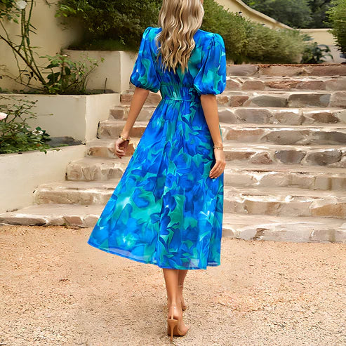 Everly - Robe Midi à Manches Lanternes Vintage Glam