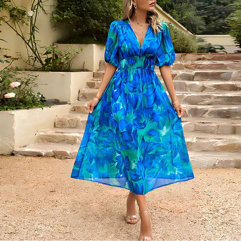 Everly - Robe Midi à Manches Lanternes Vintage Glam