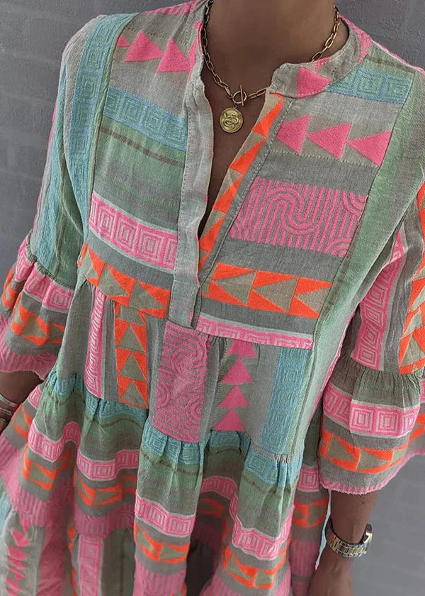 Ava - Robe d'été en coton et chanvre à col en V chic