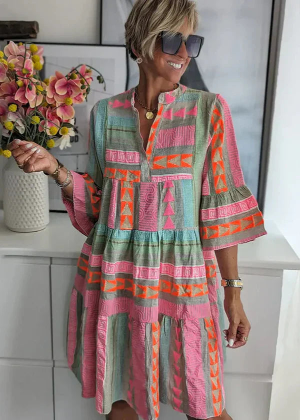 Ava - Robe d'été en coton et chanvre à col en V chic