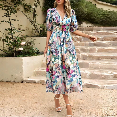 Everly - Robe Midi à Manches Lanternes Vintage Glam