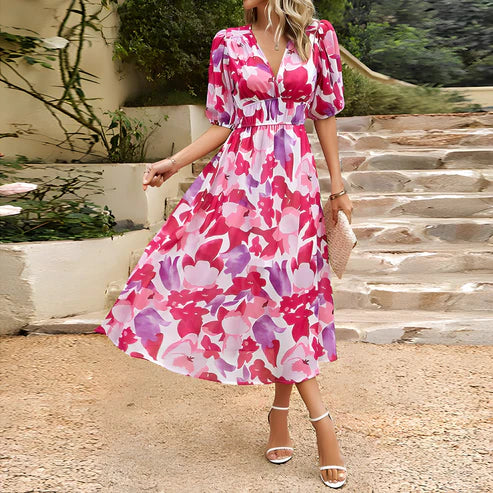 Everly - Robe Midi à Manches Lanternes Vintage Glam