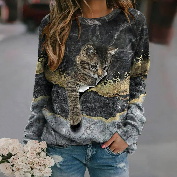 Sweat-Shirt Vintage À Imprimé Chat