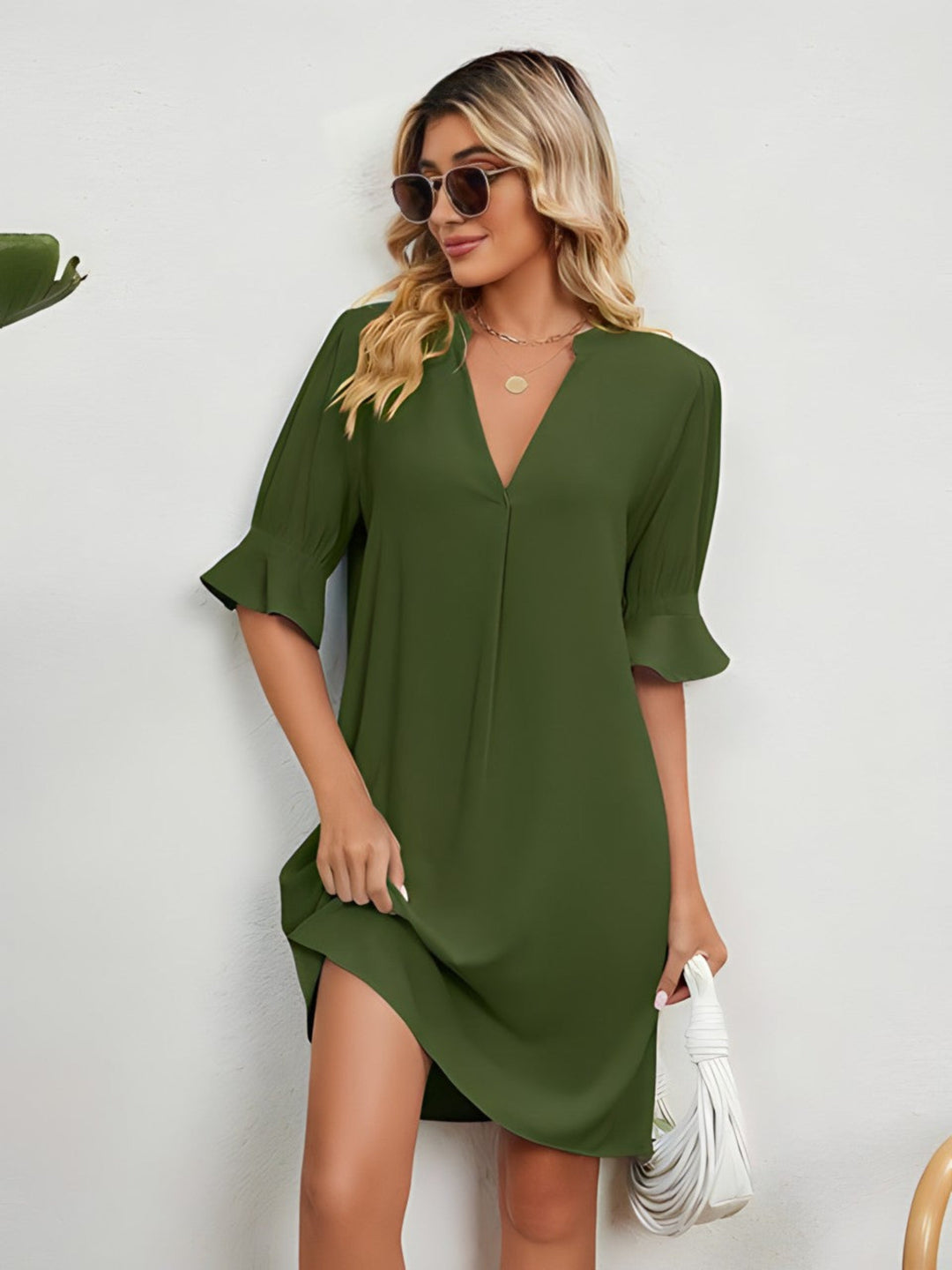 Elise - Robe Plissée Unie à Décolleté en V Ample