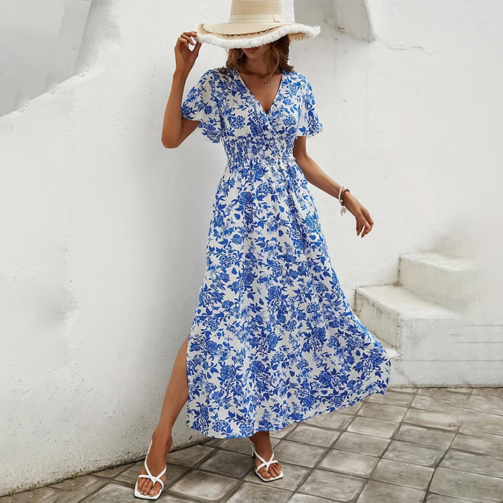 Bea - Robe de Plage Bleue Boho à Décolleté en V