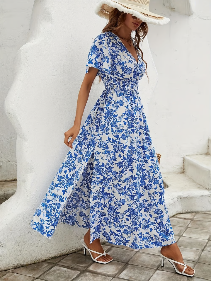 Bea - Robe de Plage Bleue Boho à Décolleté en V