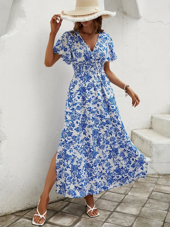 Bea - Robe de Plage Bleue Boho à Décolleté en V