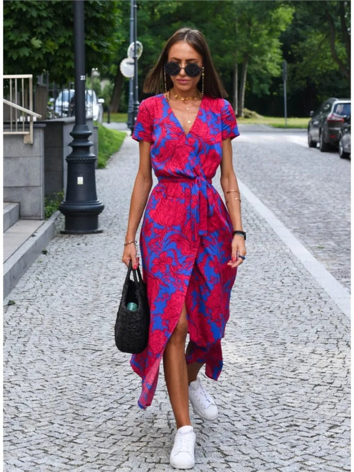Vada - Robe Imprimée à Fente et Décolleté en V au Coucher de Soleil