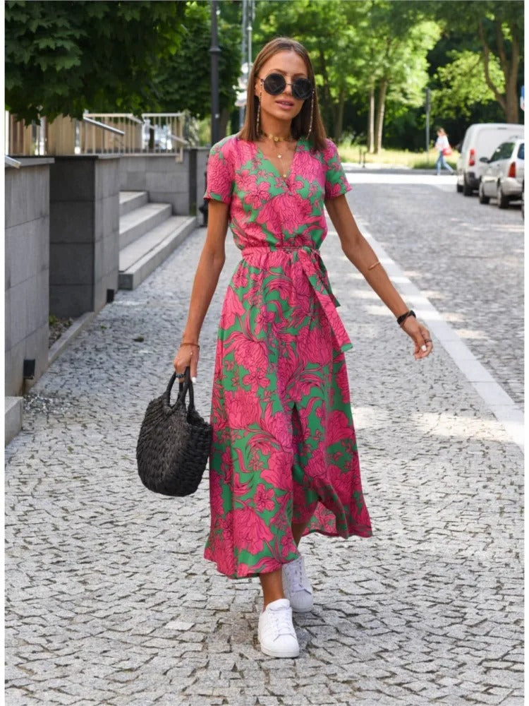 Vada - Robe Imprimée à Fente et Décolleté en V au Coucher de Soleil