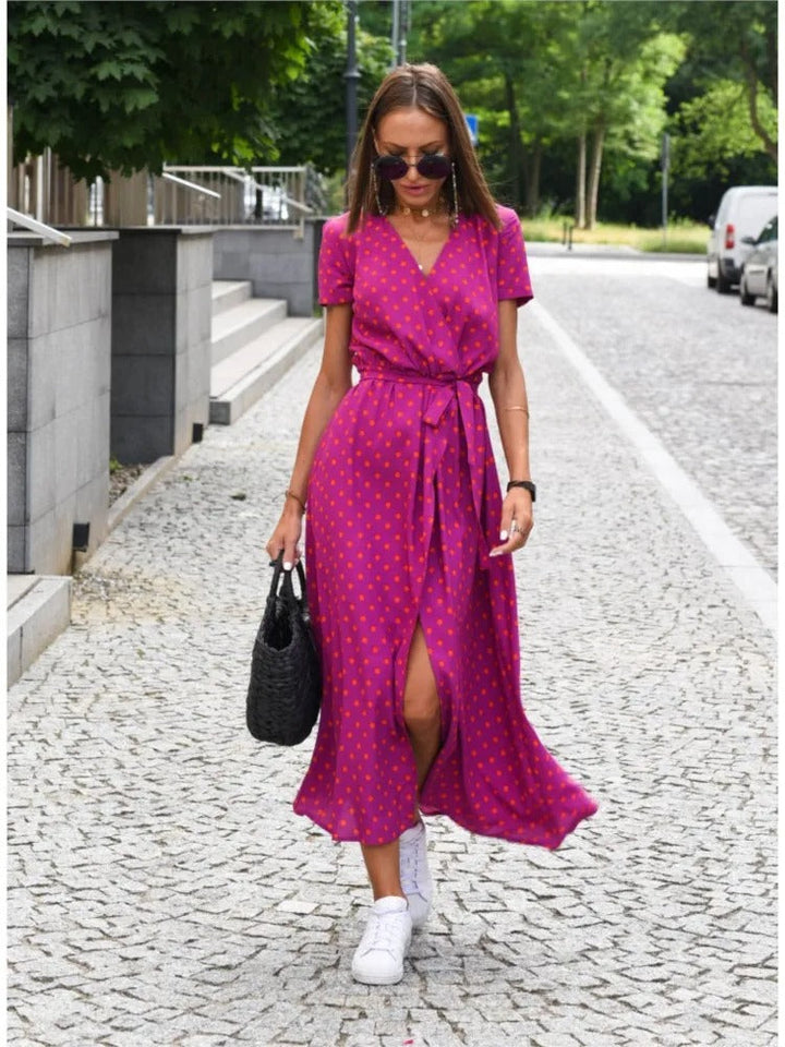 Vada - Robe Imprimée à Fente et Décolleté en V au Coucher de Soleil